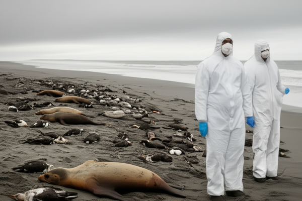 lobos marinos y aves muertos por gripe aviar creada con ia geminis