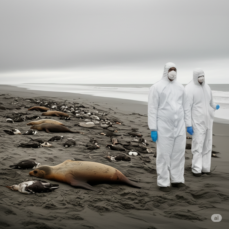 lobos marinos y aves muertos por gripe aviar creada con ia geminis